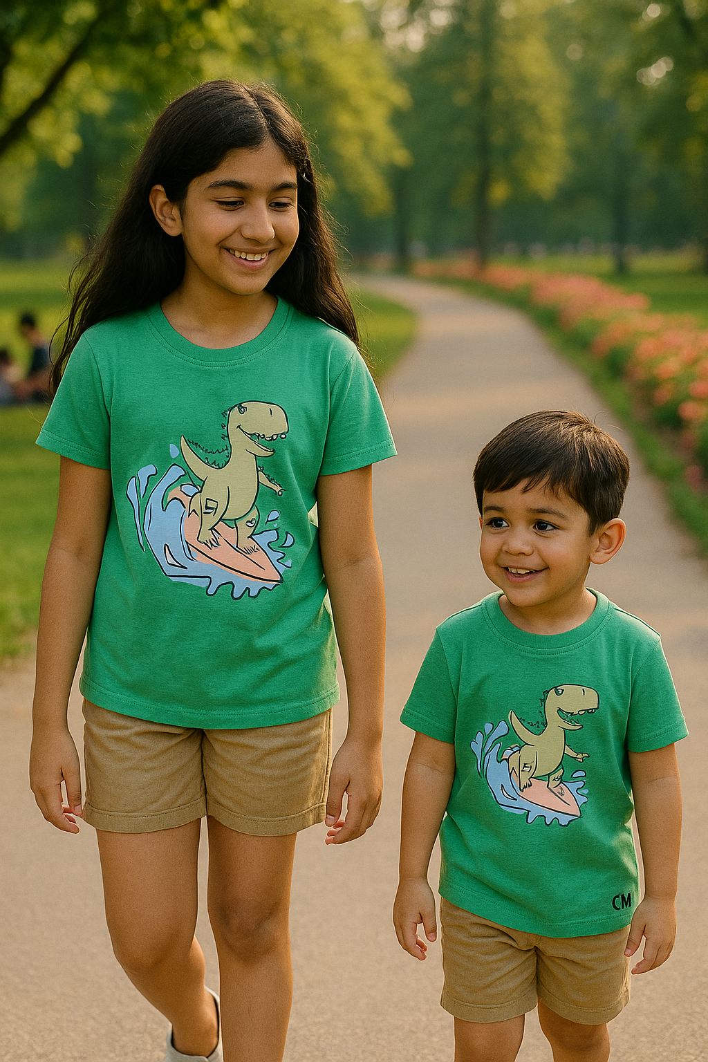 Dinosaur Water Skateboard Print Tee Light Green Colour Printed T Shirts Kids 100% Cotton Tees