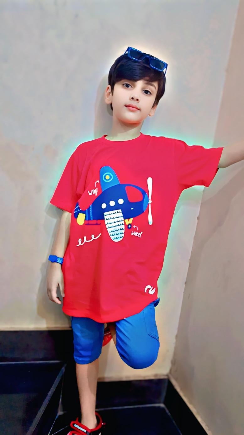 Airplane Wing and Wheel Print Tee Red Colour Printed T Shirts Kids 100% Cotton Tees