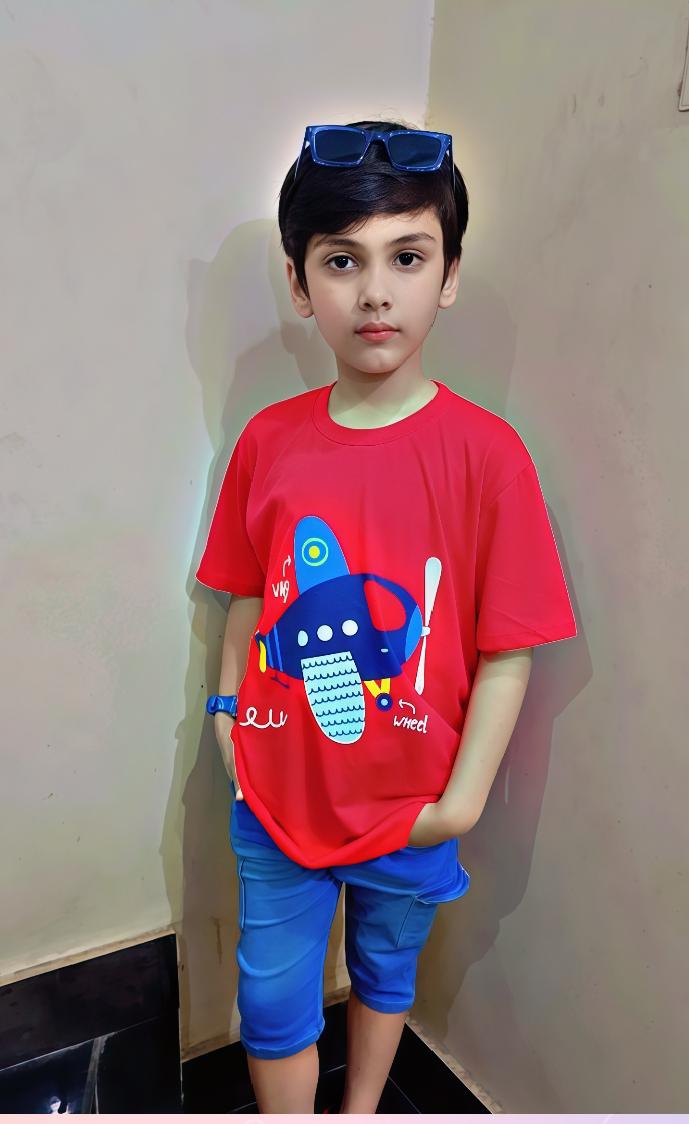 Airplane Wing and Wheel Print Tee Red Colour Printed T Shirts Kids 100% Cotton Tees