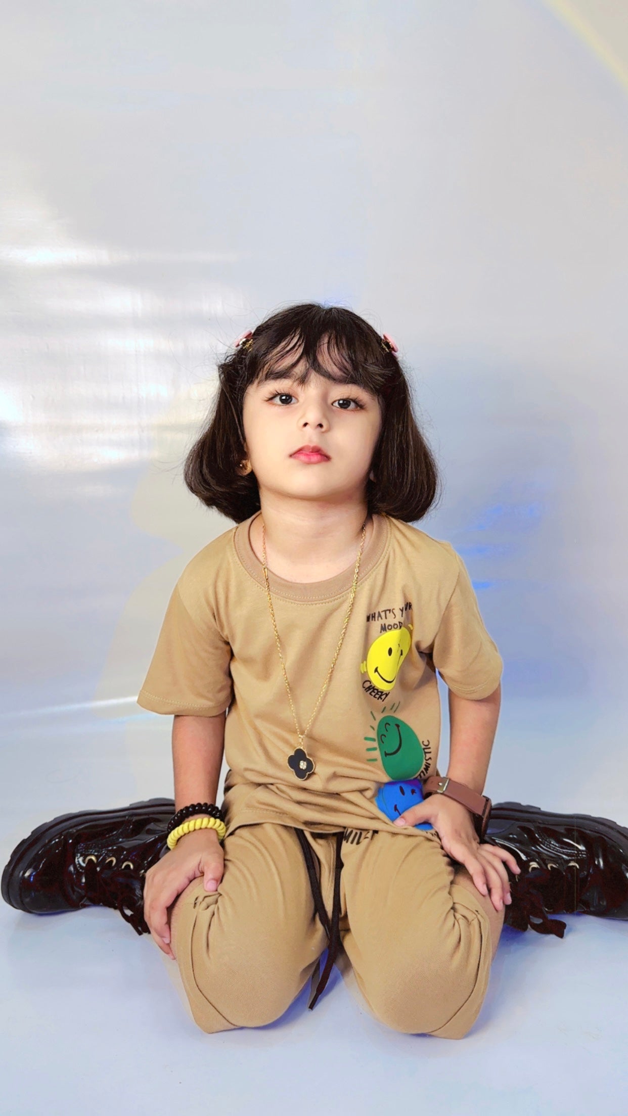 Smiley Faces Print Tee Light Brown Colour Printed T Shirts Kids 100% Cotton Tees