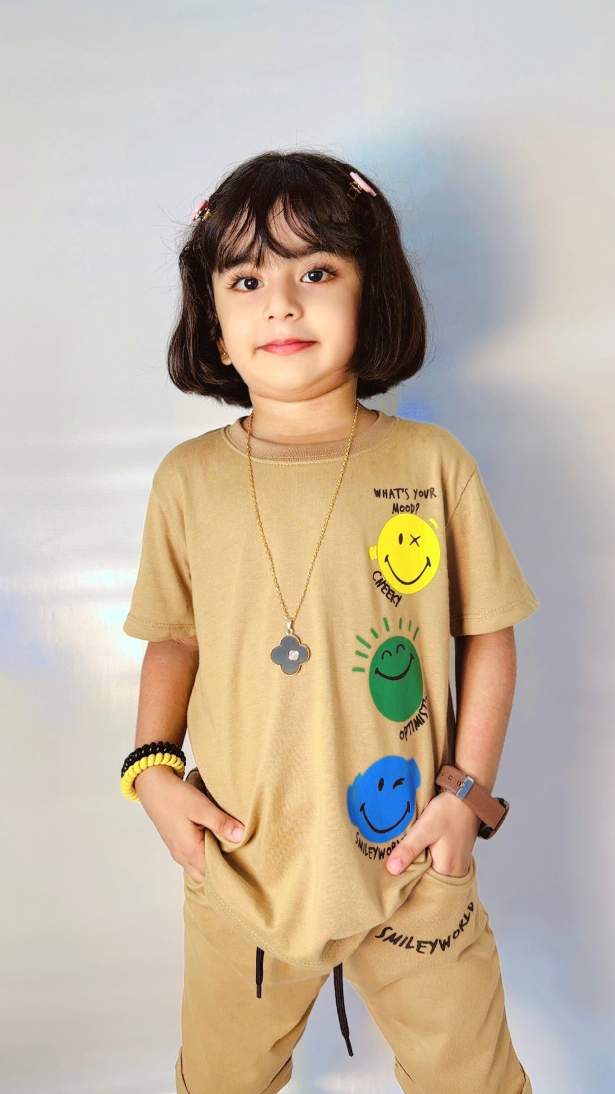 Smiley Faces Print Tee Light Brown Colour Printed T Shirts Kids 100% Cotton Tees