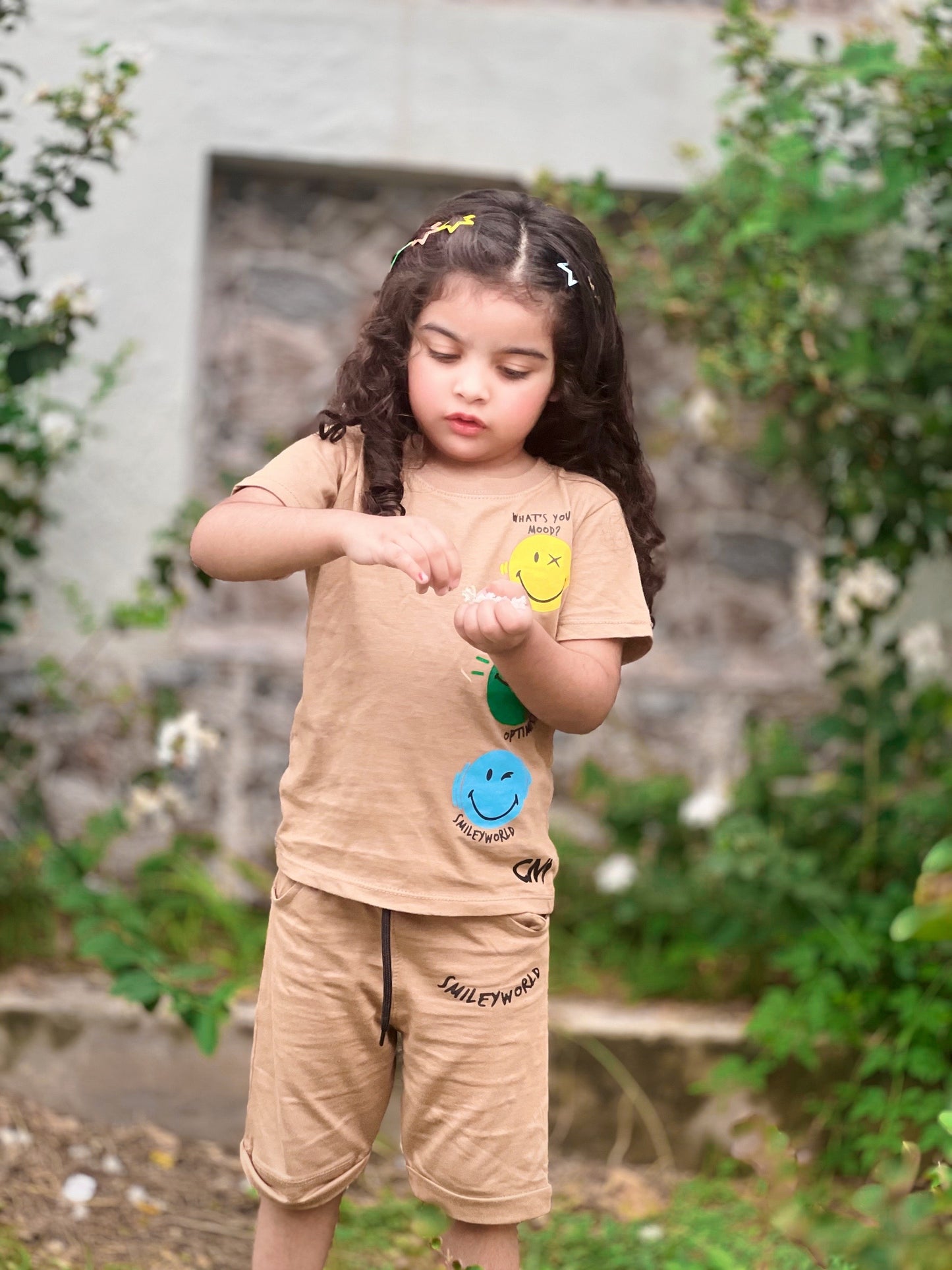 Smiley Faces Print Tee Light Brown Colour Printed T Shirts Kids 100% Cotton Tees