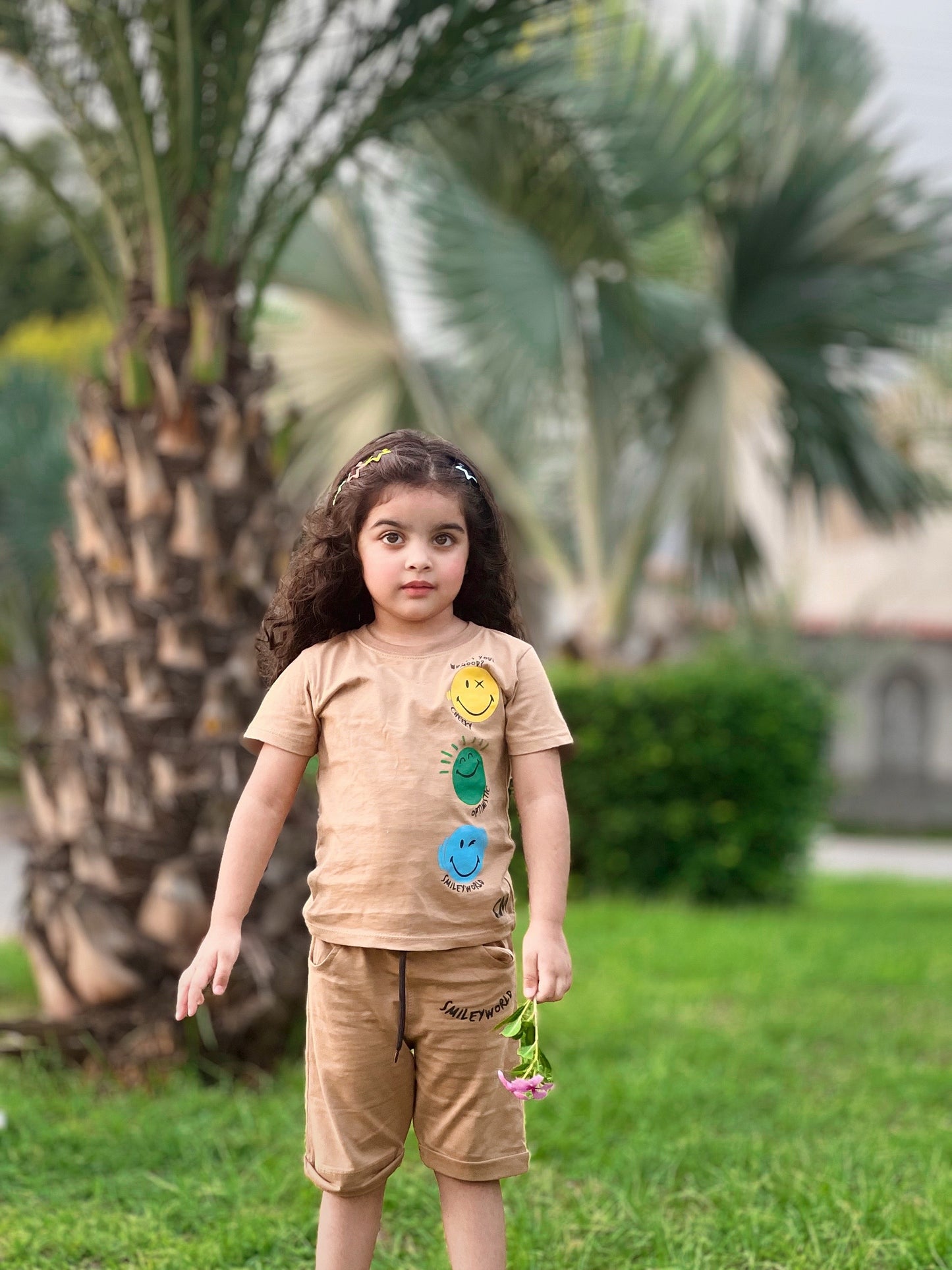 Smiley Faces Print Tee Light Brown Colour Printed T Shirts Kids 100% Cotton Tees