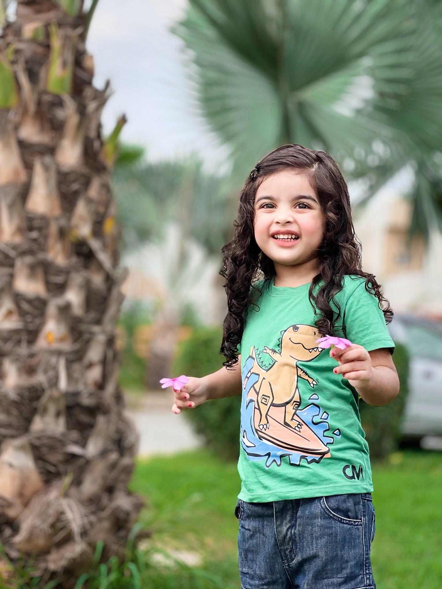 Dinosaur Water Skateboard Print Tee Light Green Colour Printed T Shirts Kids 100% Cotton Tees