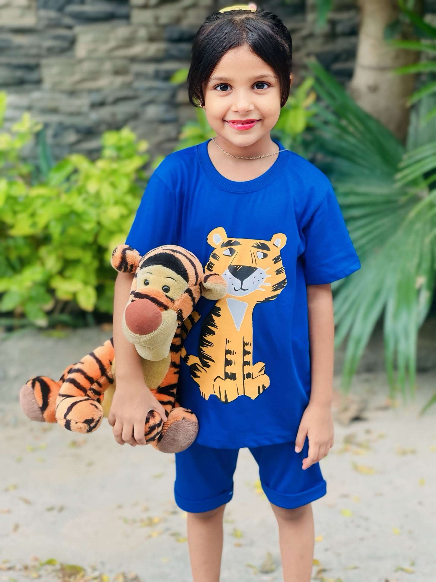 Tiger Print Unisex Tee Blue Colour Printed T Shirts Kids 100% Cotton Tees OR Shorts