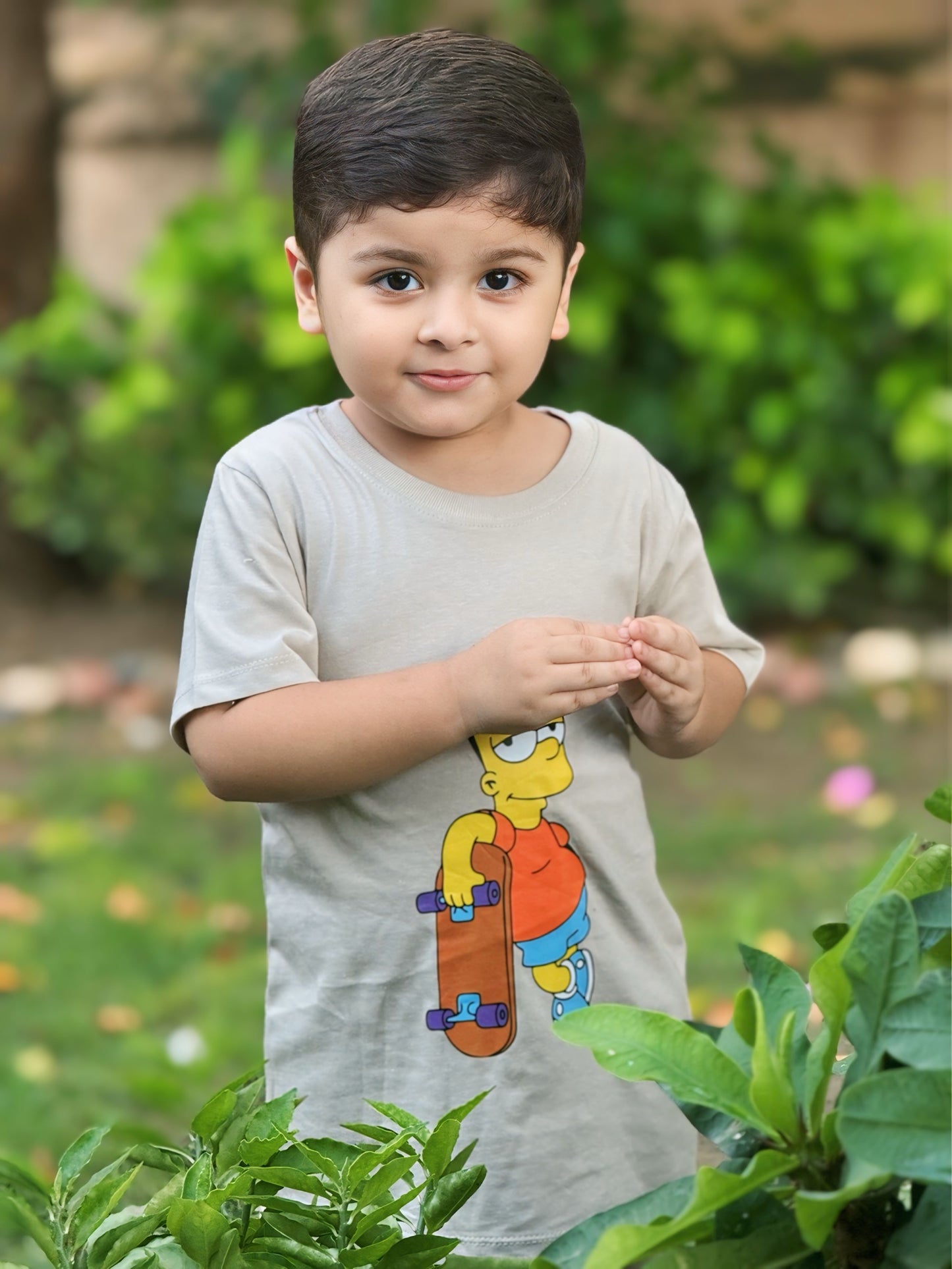 Bart Simpson with Skateboard Print Tee Cream Colour Printed T Shirts Kids 100% Cotton Tees