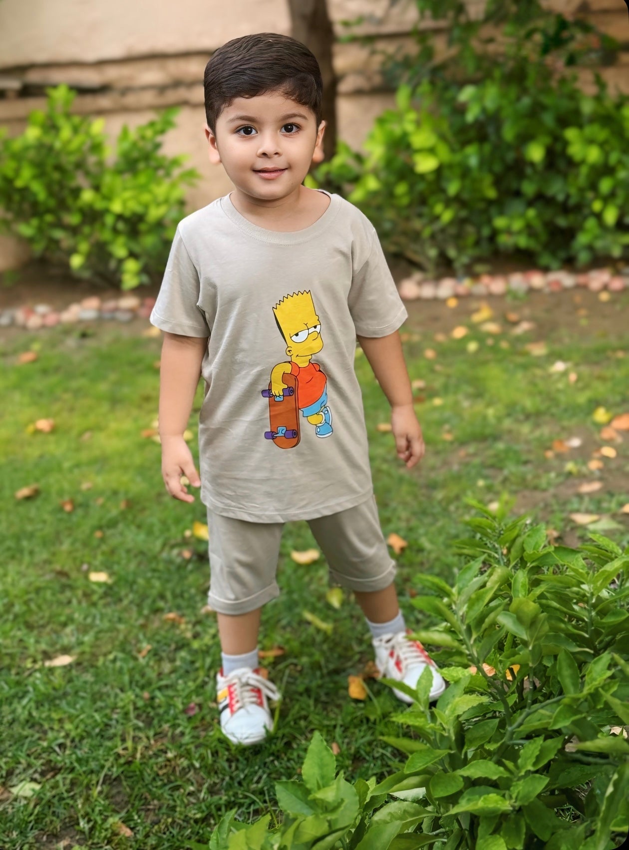 Bart Simpson with Skateboard Print Tee Cream Colour Printed T Shirts Kids 100% Cotton Tees