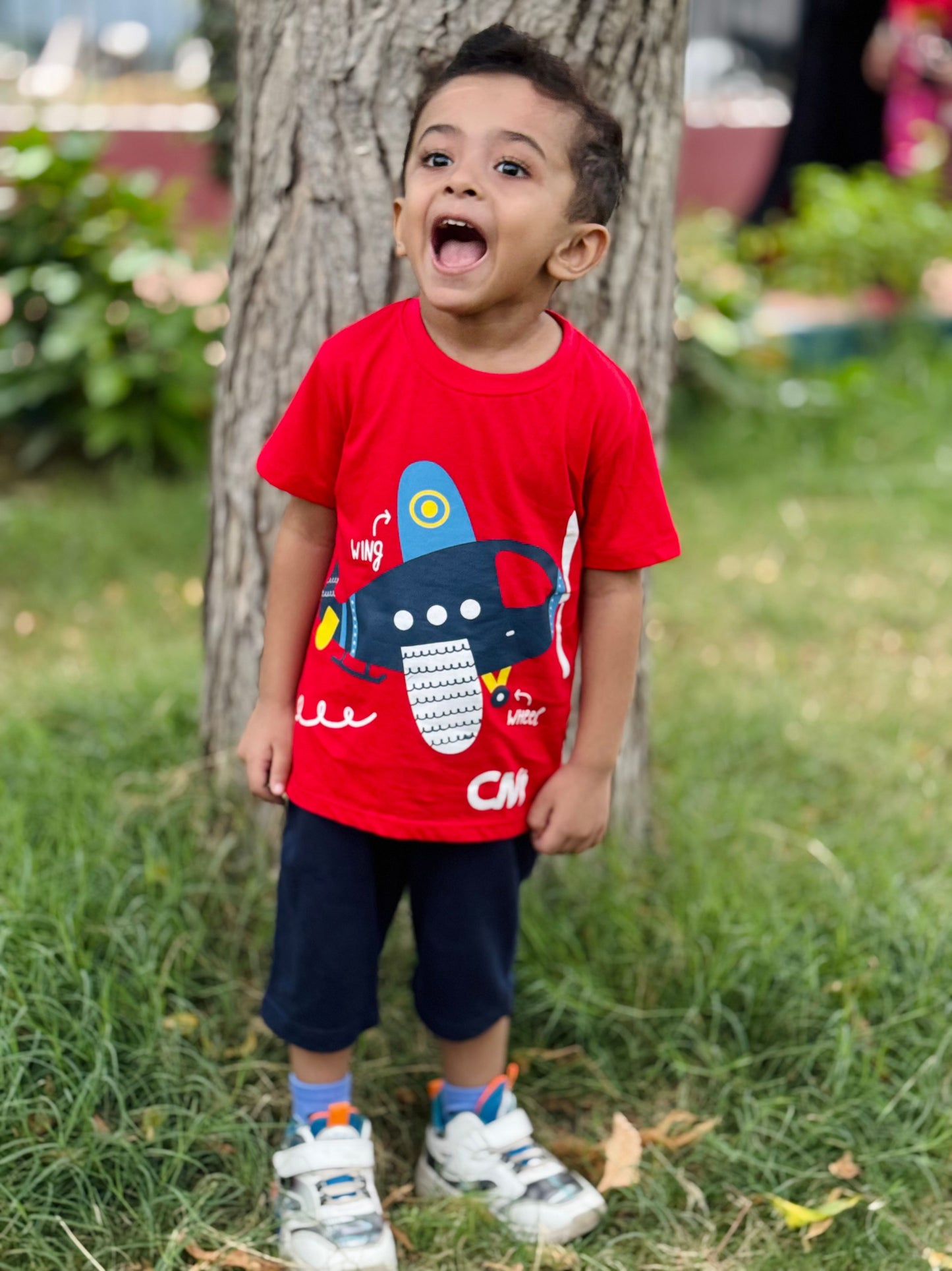 Airplane Wing and Wheel Print Tee Red Colour Printed T Shirts Kids 100% Cotton Tees