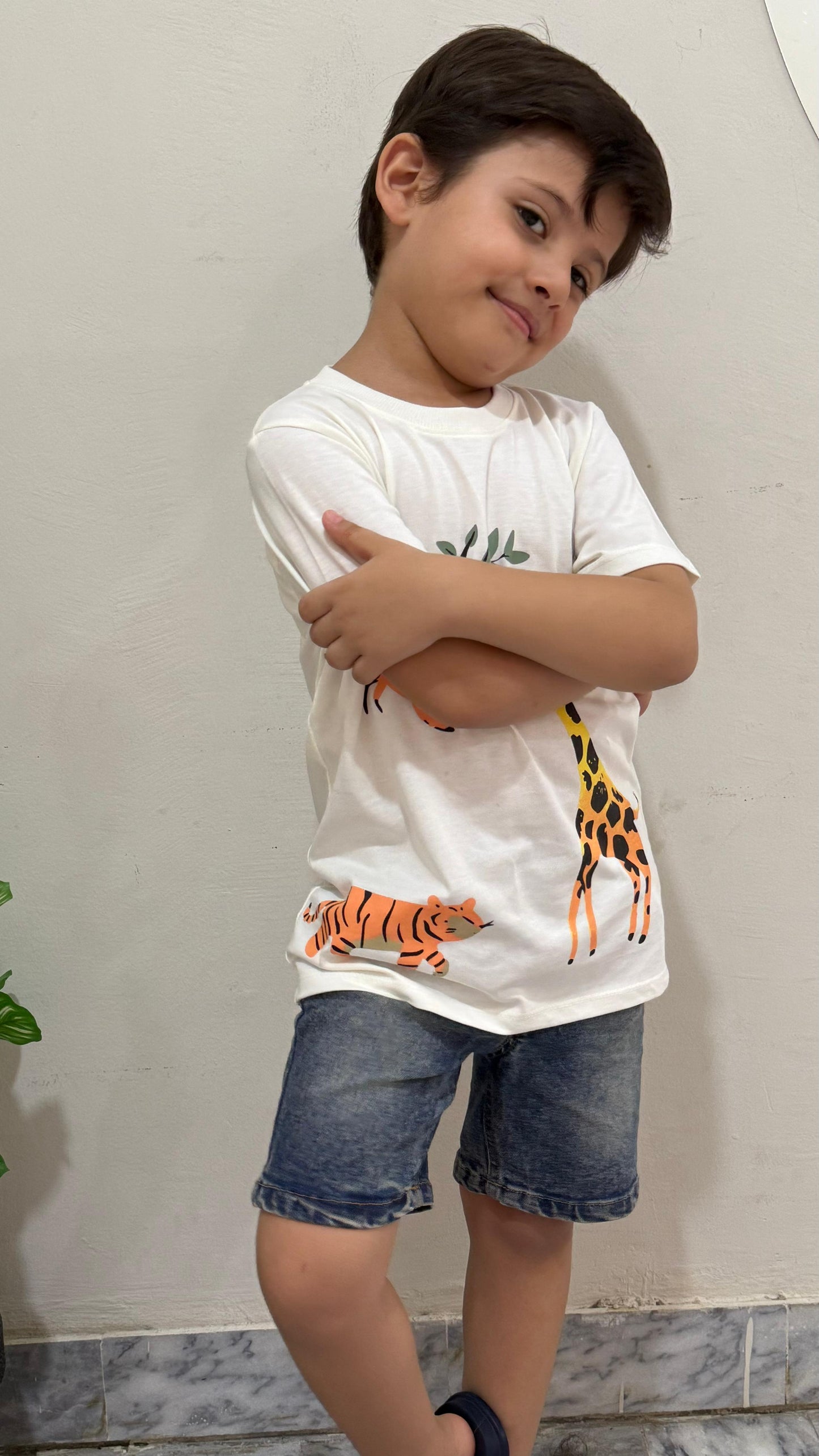 Zoo Animals Print Tee White Colour Printed T Shirts Kids 100% Cotton Tees