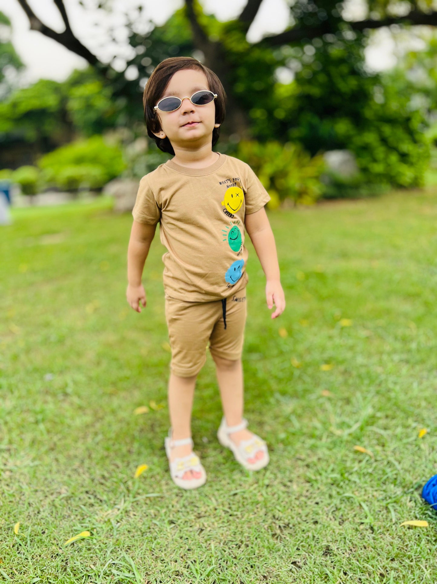 Smiley Faces Print Tee Light Brown Colour Printed T Shirts Kids 100% Cotton Tees