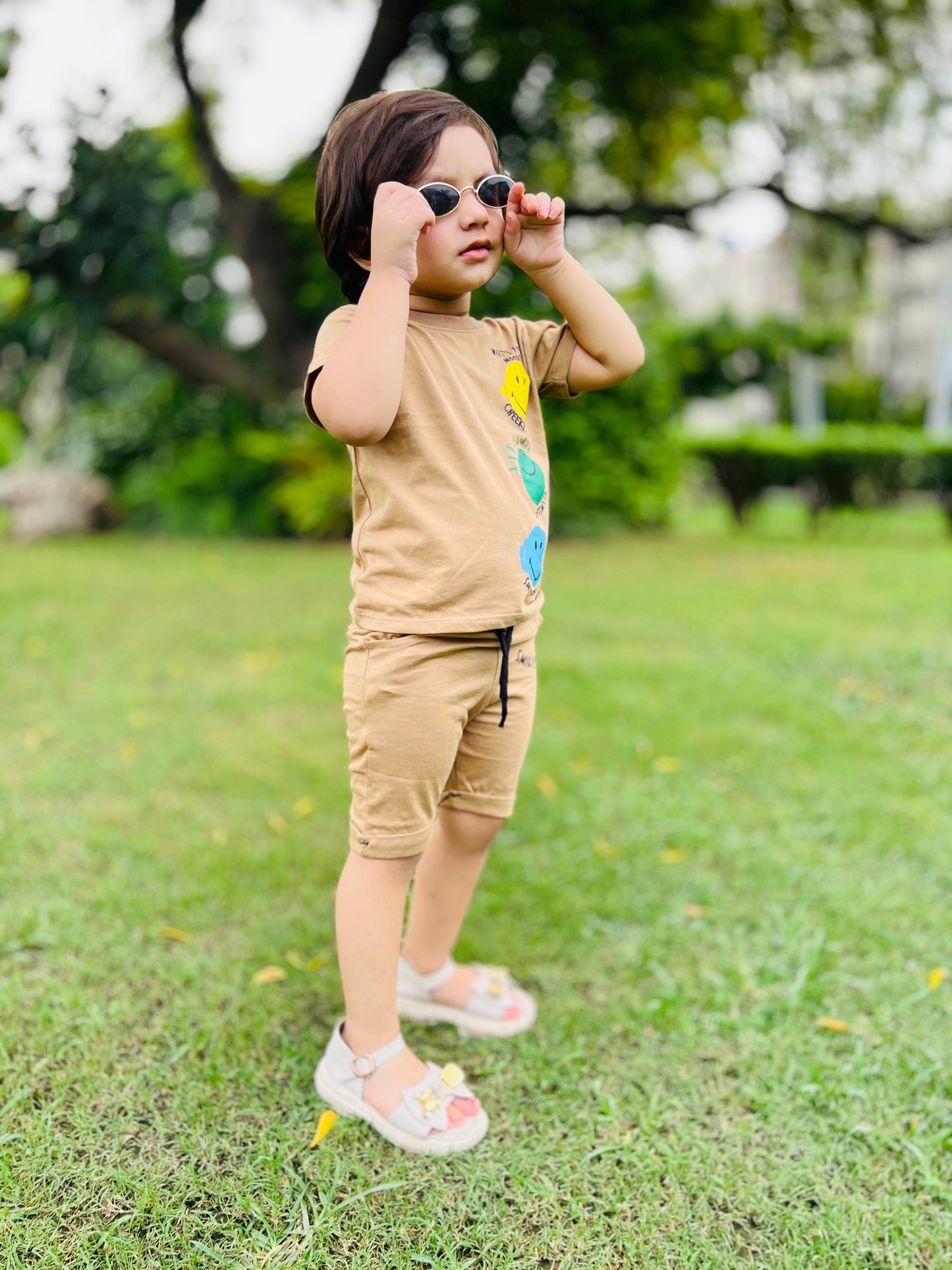 Smiley Faces Print Tee Light Brown Colour Printed T Shirts Kids 100% Cotton Tees