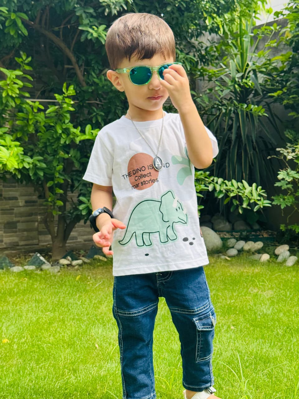 The Dino Island Print Unisex White Colour Printed T Shirts Kids 100% Cotton Tees