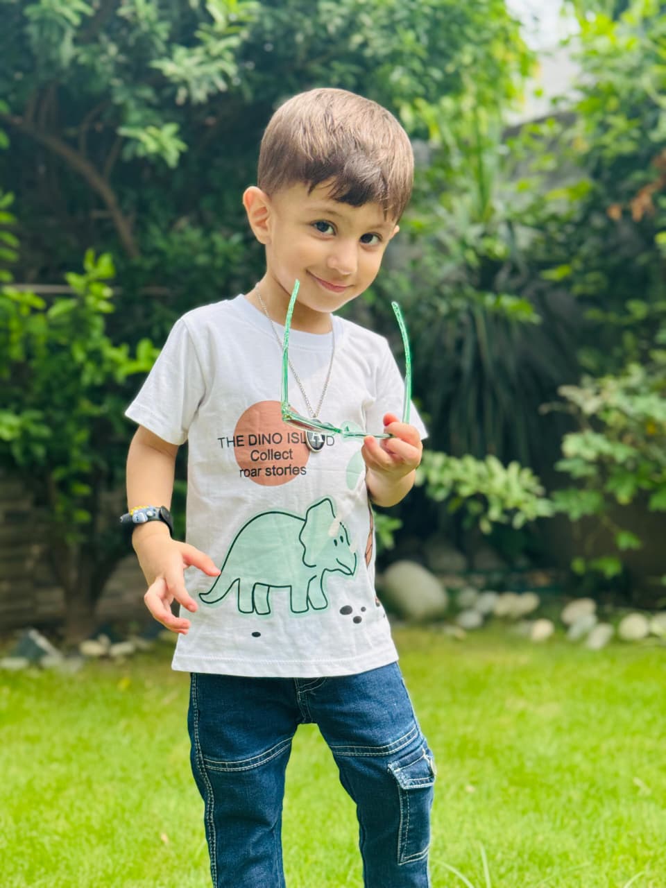 The Dino Island Print Unisex White Colour Printed T Shirts Kids 100% Cotton Tees