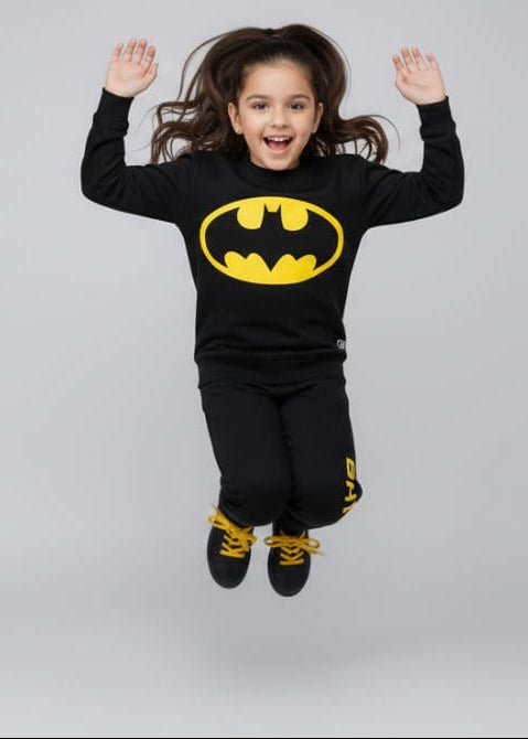 Child wearing a Batman-themed outfit with a yellow logo on a gray background