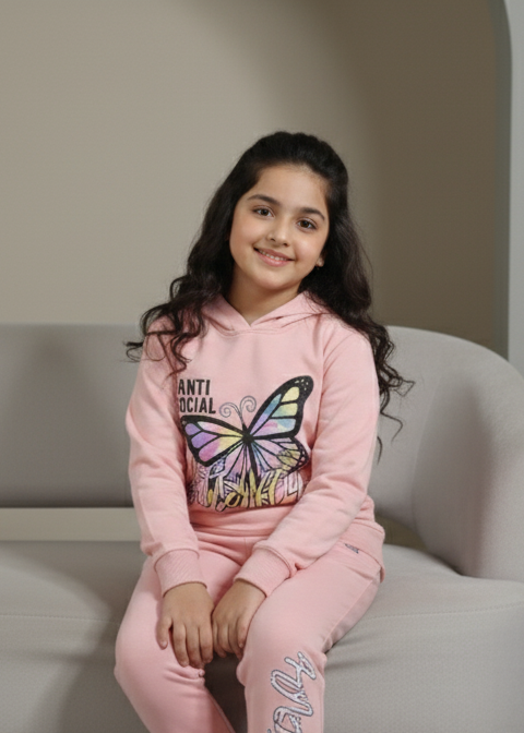 Young girl in pink butterfly-themed pajamas sitting on a white chair in a room with a small table and vase.