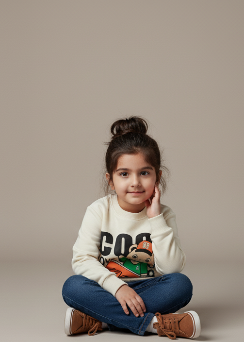Young girl sitting on the floor against a plain background