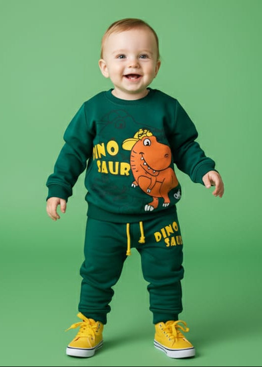 Green Dinosaur Sweatshirt with Trouser Set Winter Wear for Kids Super Soft & Warm Boys & Girls