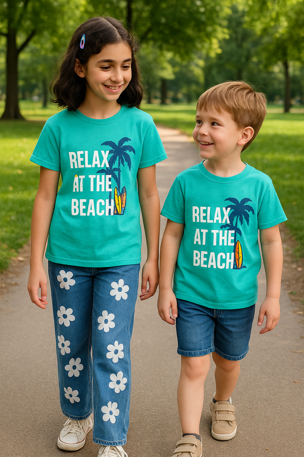 Relax at the Beach Unisex Tee Teal Colour Printed T Shirts Kids 100% Cotton Tees