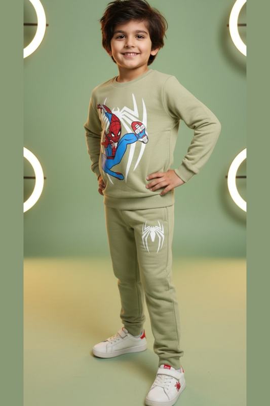 Spiderman Light Green Fleece Sweatshirt with Trouser Set Winter Wear for Kids Super Soft & Warm Boys & Girls