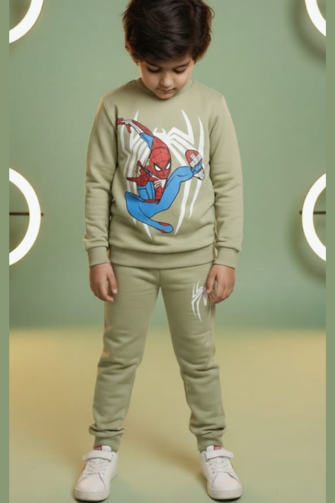 Spiderman Light Green Fleece Sweatshirt with Trouser Set Winter Wear for Kids Super Soft & Warm Boys & Girls