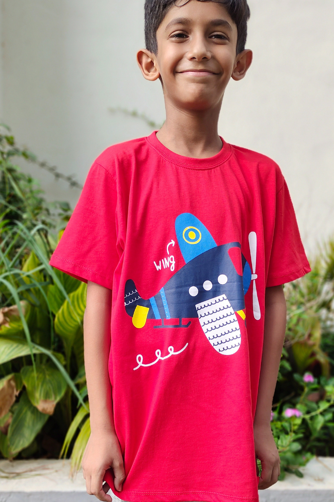 Airplane Wing and Wheel Print Tee Red Colour Printed T Shirts Kids 100% Cotton Tees