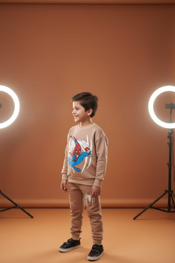 Spiderman Light Brown Fleece Sweatshirt with Trouser Set Winter Wear for Kids Super Soft & Warm Boys & Girls