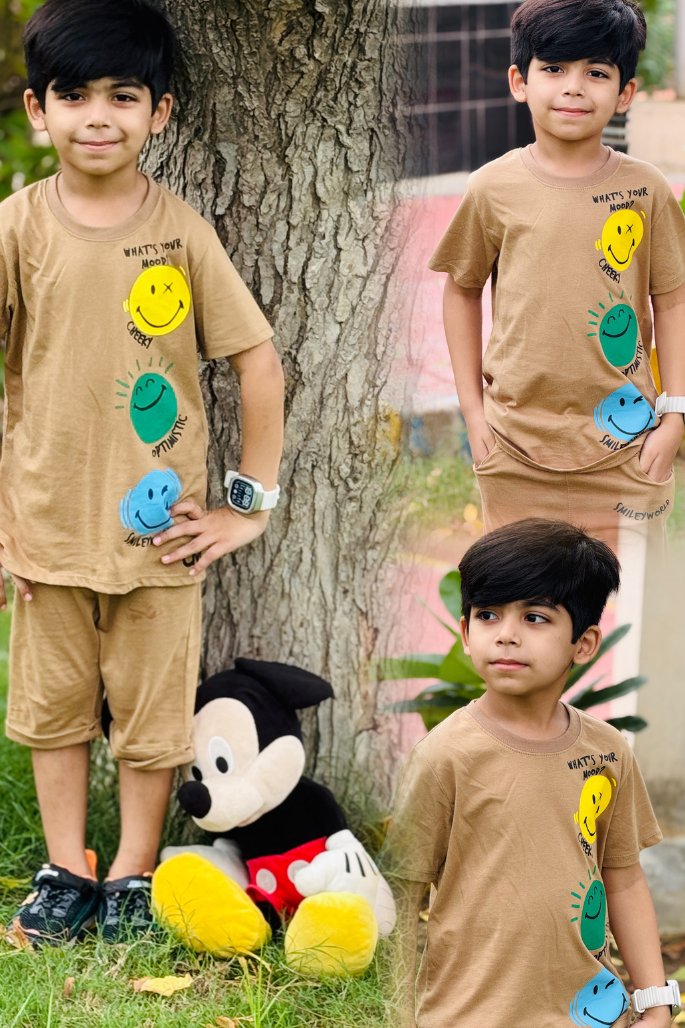 Smiley Faces Print Tee Light Brown Colour Printed T Shirts Kids 100% Cotton Tees