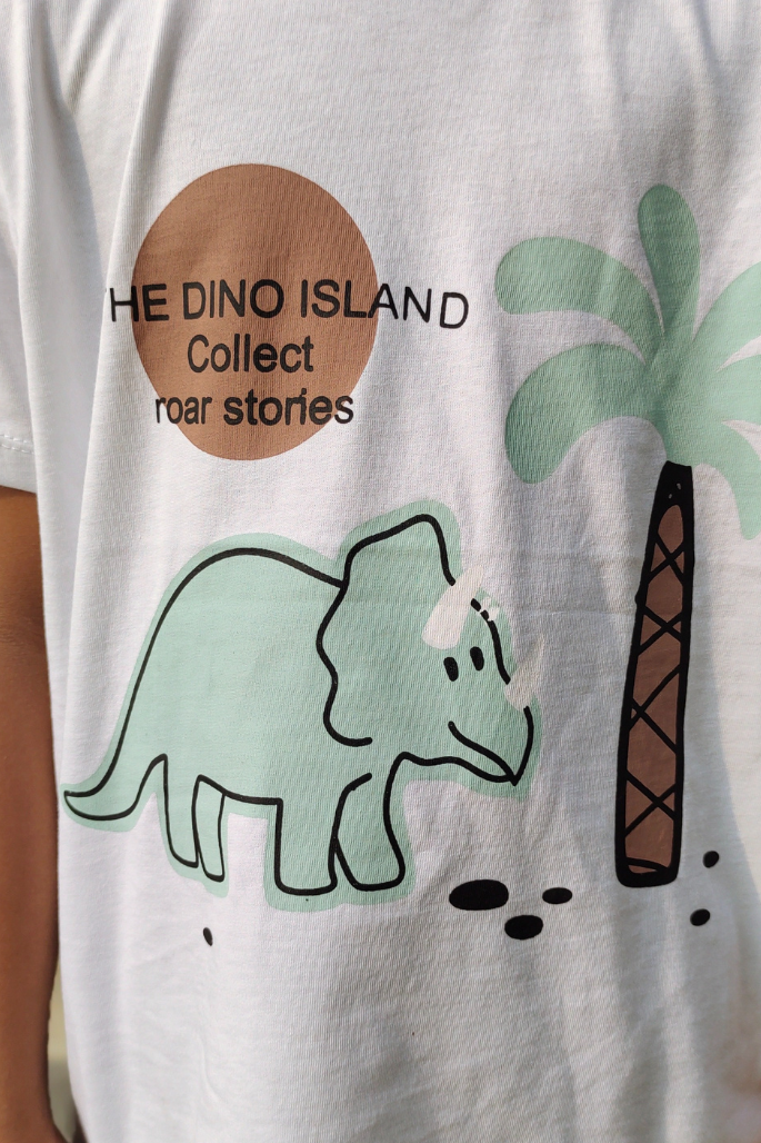 The Dino Island Print Unisex White Colour Printed T Shirts Kids 100% Cotton Tees