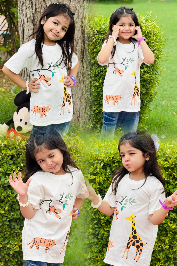 Zoo Animals Print Tee White Colour Printed T Shirts Kids 100% Cotton Tees