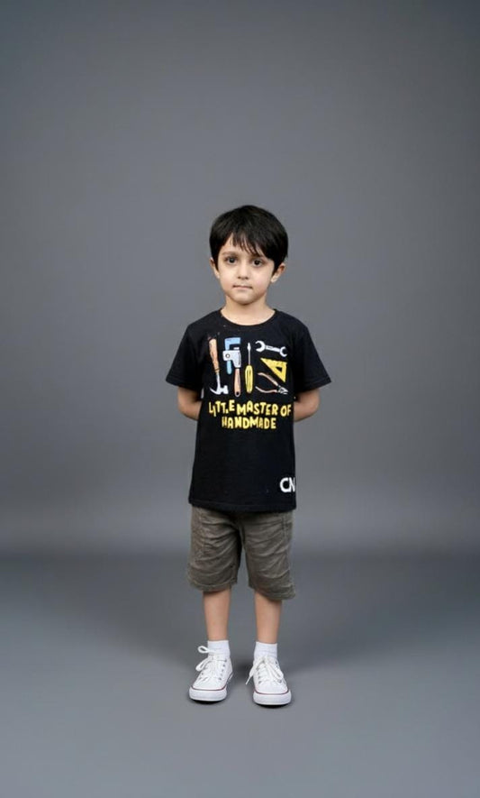 Little Master of Handmade Unisex Tee Black Colour Printed T Shirts Kids 100% Cotton Tees