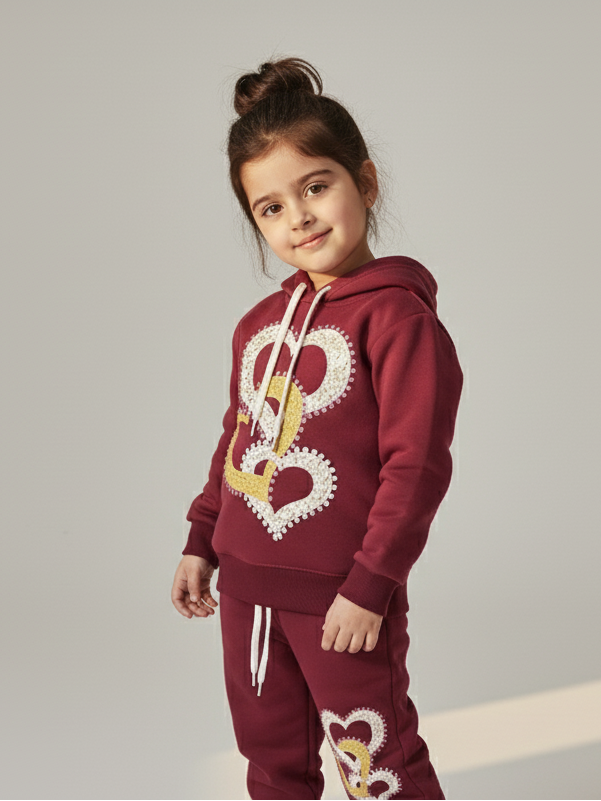 Child wearing a maroon hoodie and pants with a logo on a gray background