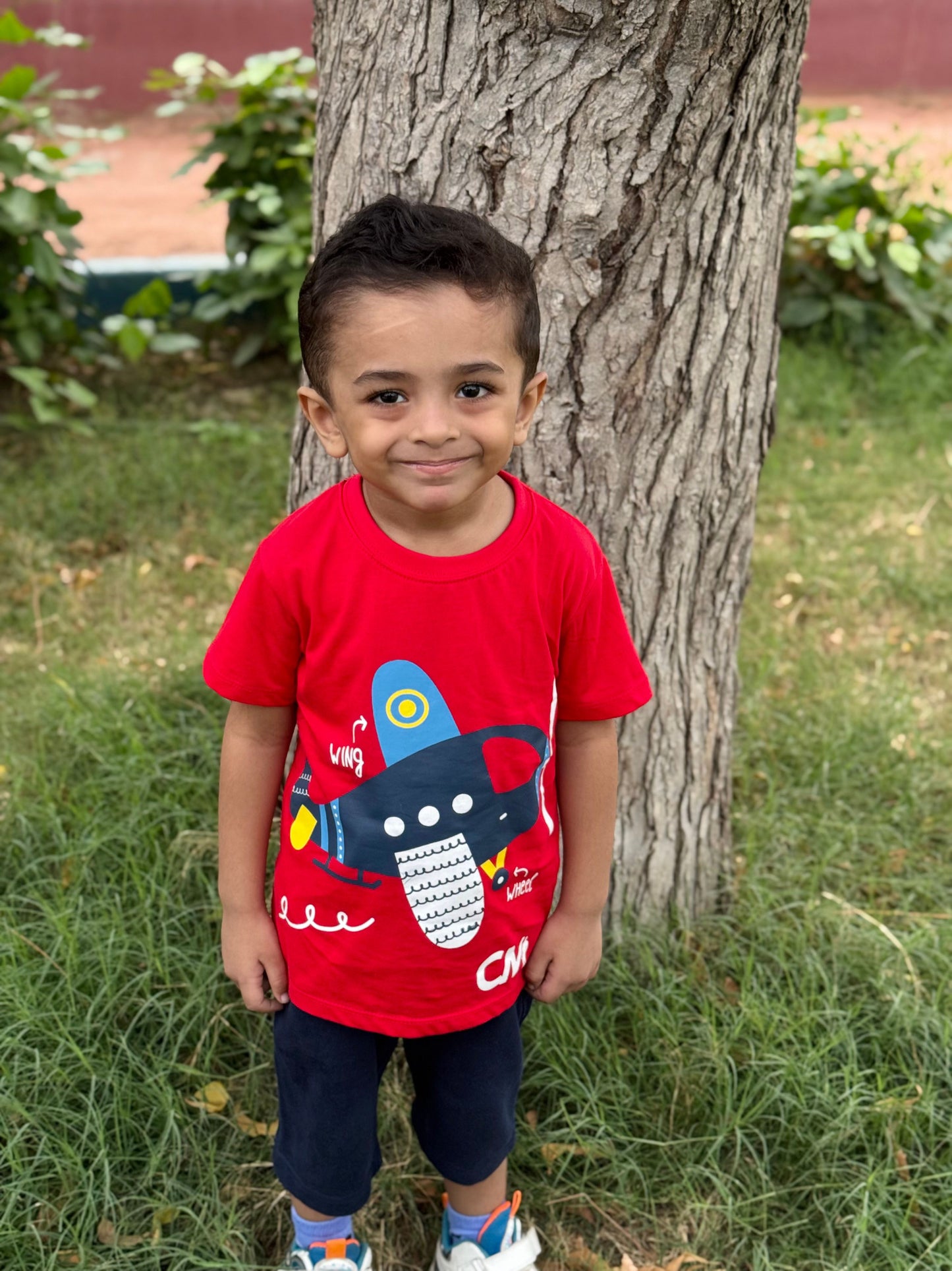 Airplane Wing and Wheel Print Tee Red Colour Printed T Shirts Kids 100% Cotton Tees