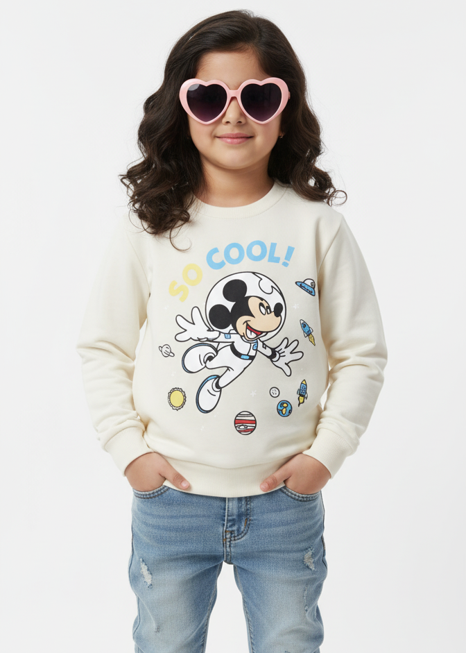 Child wearing a white sweatshirt with graphics and text, light blue jeans, and white sneakers on a white background.