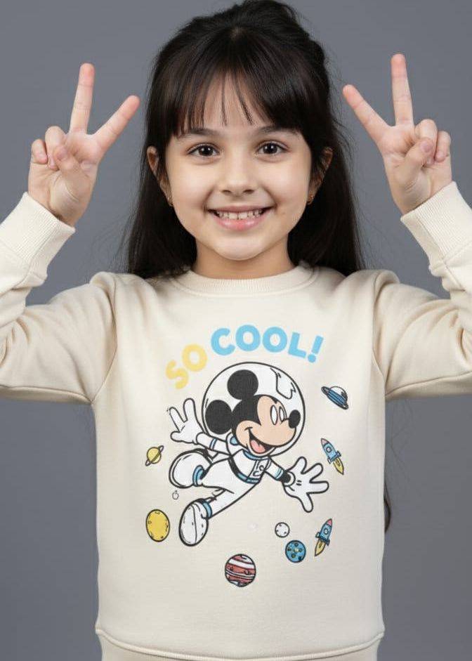 Child wearing a sweatshirt with a cartoon character and 'COOL!' text on a gray background