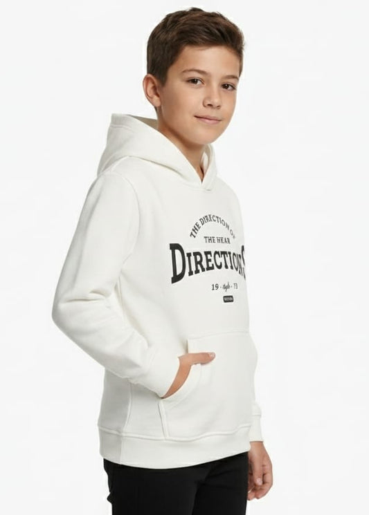 Child wearing a white hoodie with text on a white background