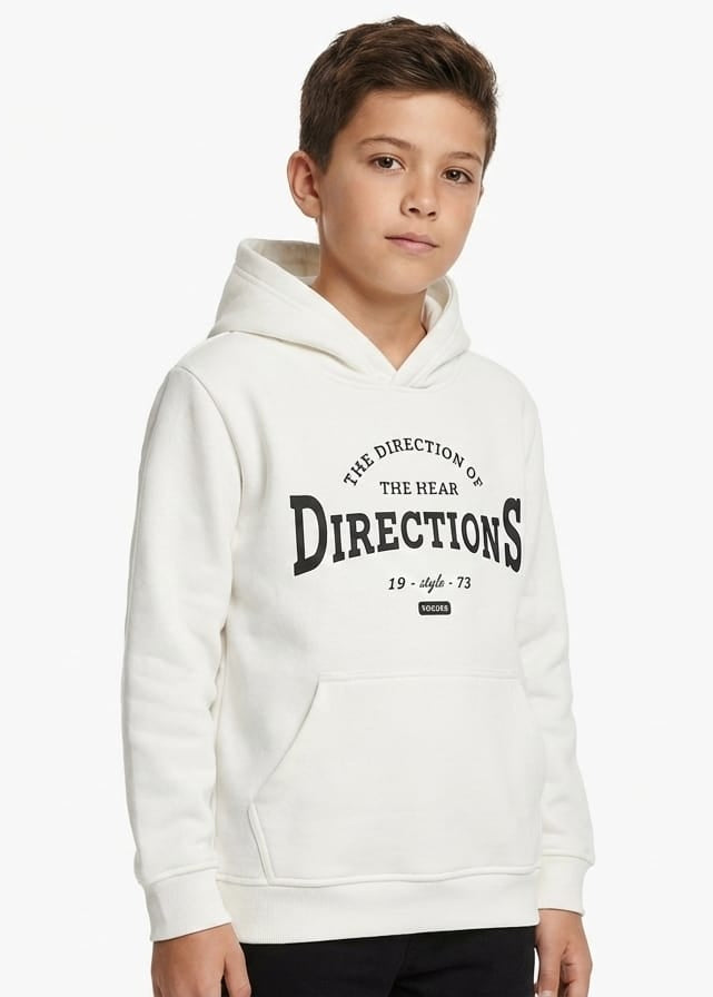 Child wearing a white hoodie with text on a white background