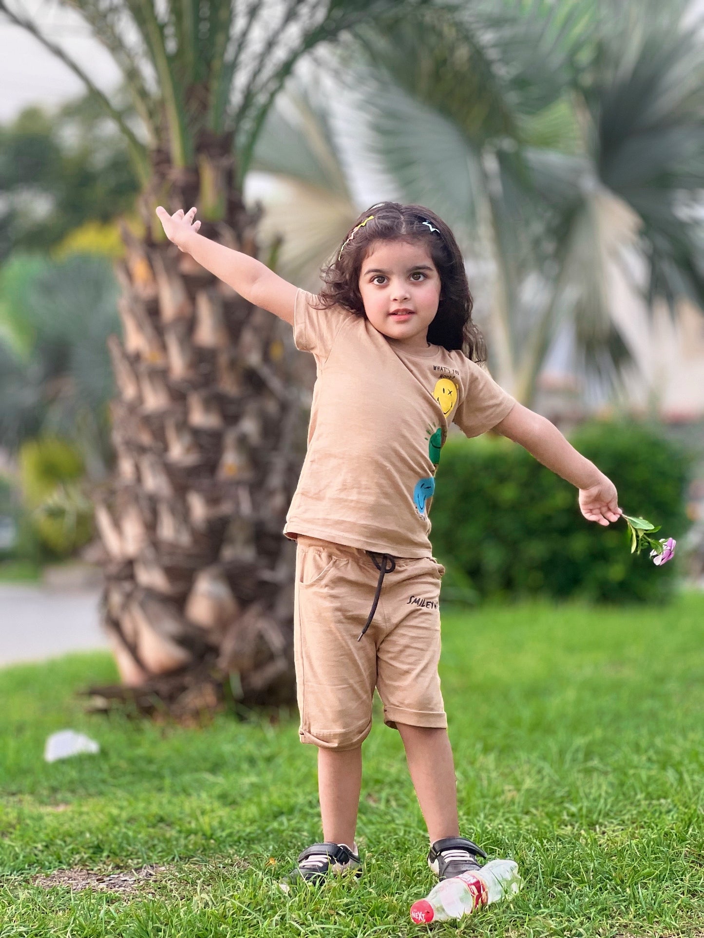 Smiley Faces Print Tee Light Brown Colour Printed T Shirts Kids 100% Cotton Tees