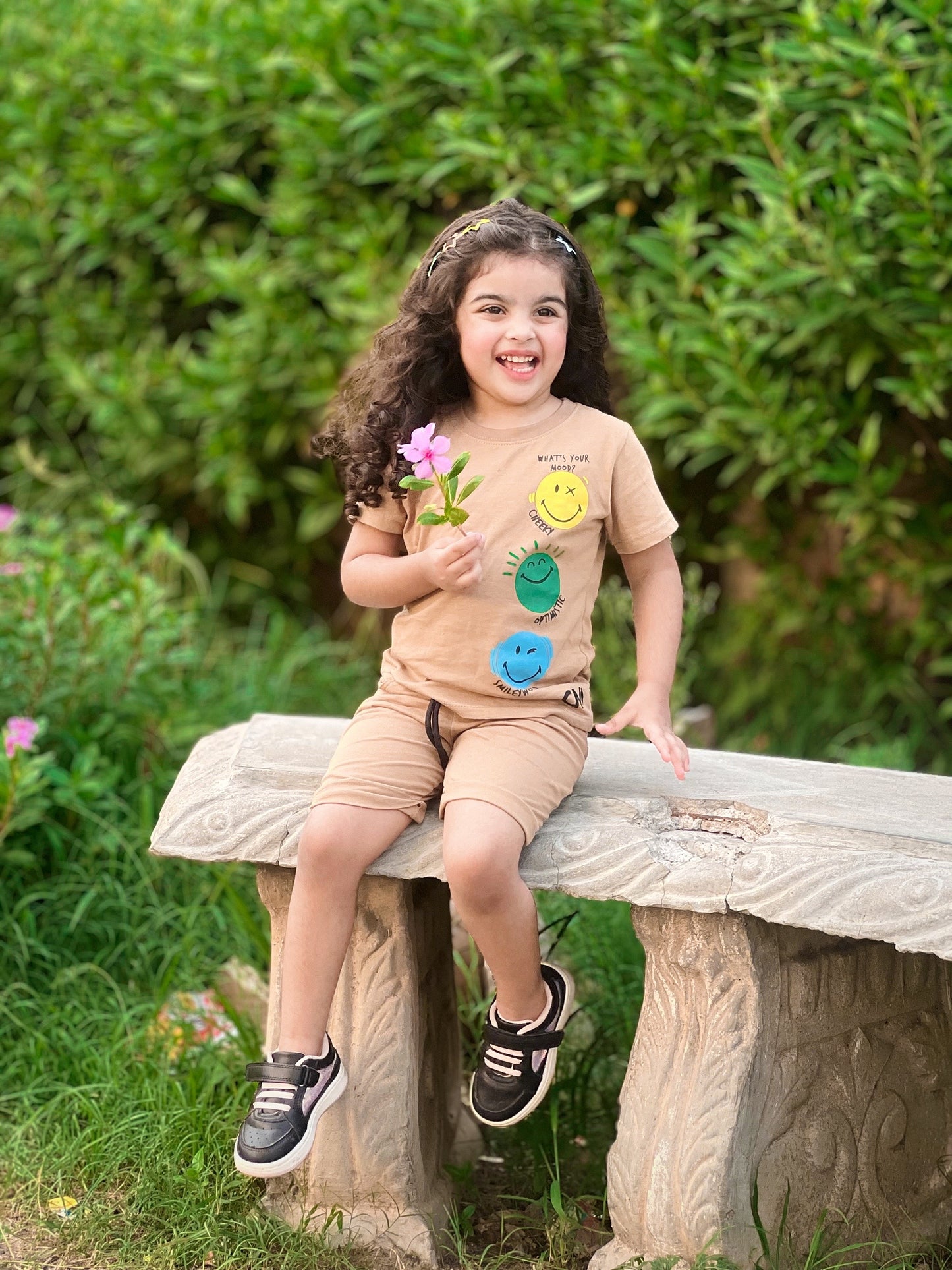 Smiley Faces Print Tee Light Brown Colour Printed T Shirts Kids 100% Cotton Tees