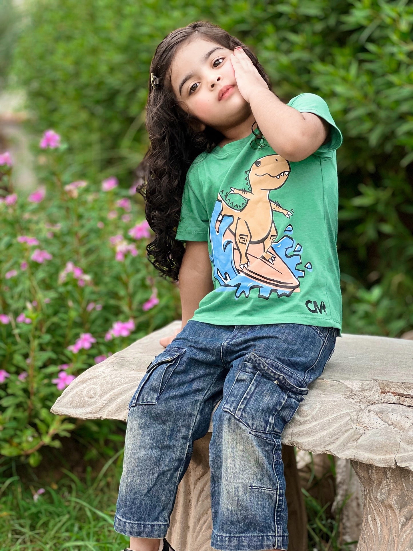 Dinosaur Water Skateboard Print Tee Light Green Colour Printed T Shirts Kids 100% Cotton Tees