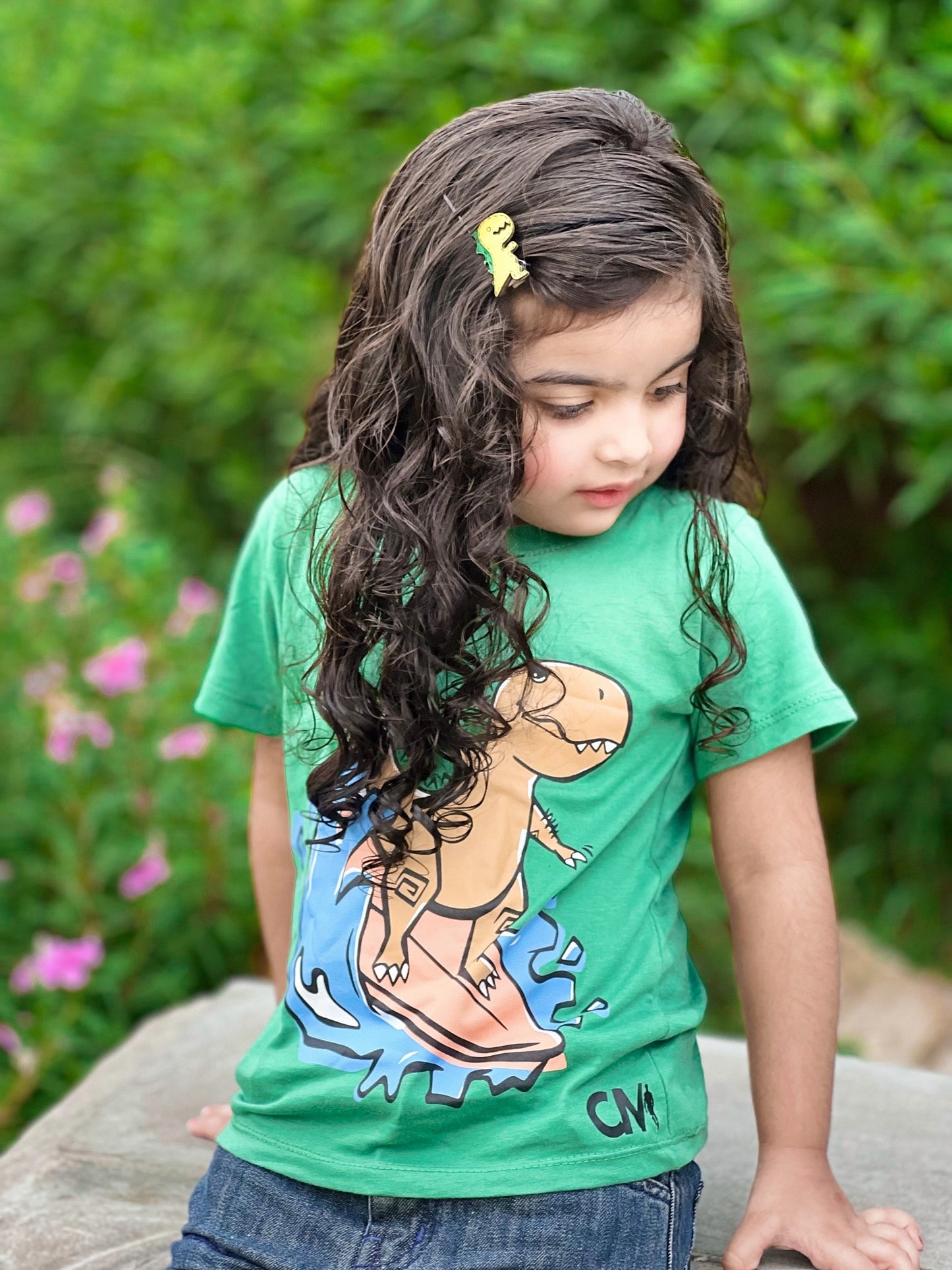 Dinosaur Water Skateboard Print Tee Light Green Colour Printed T Shirts Kids 100% Cotton Tees