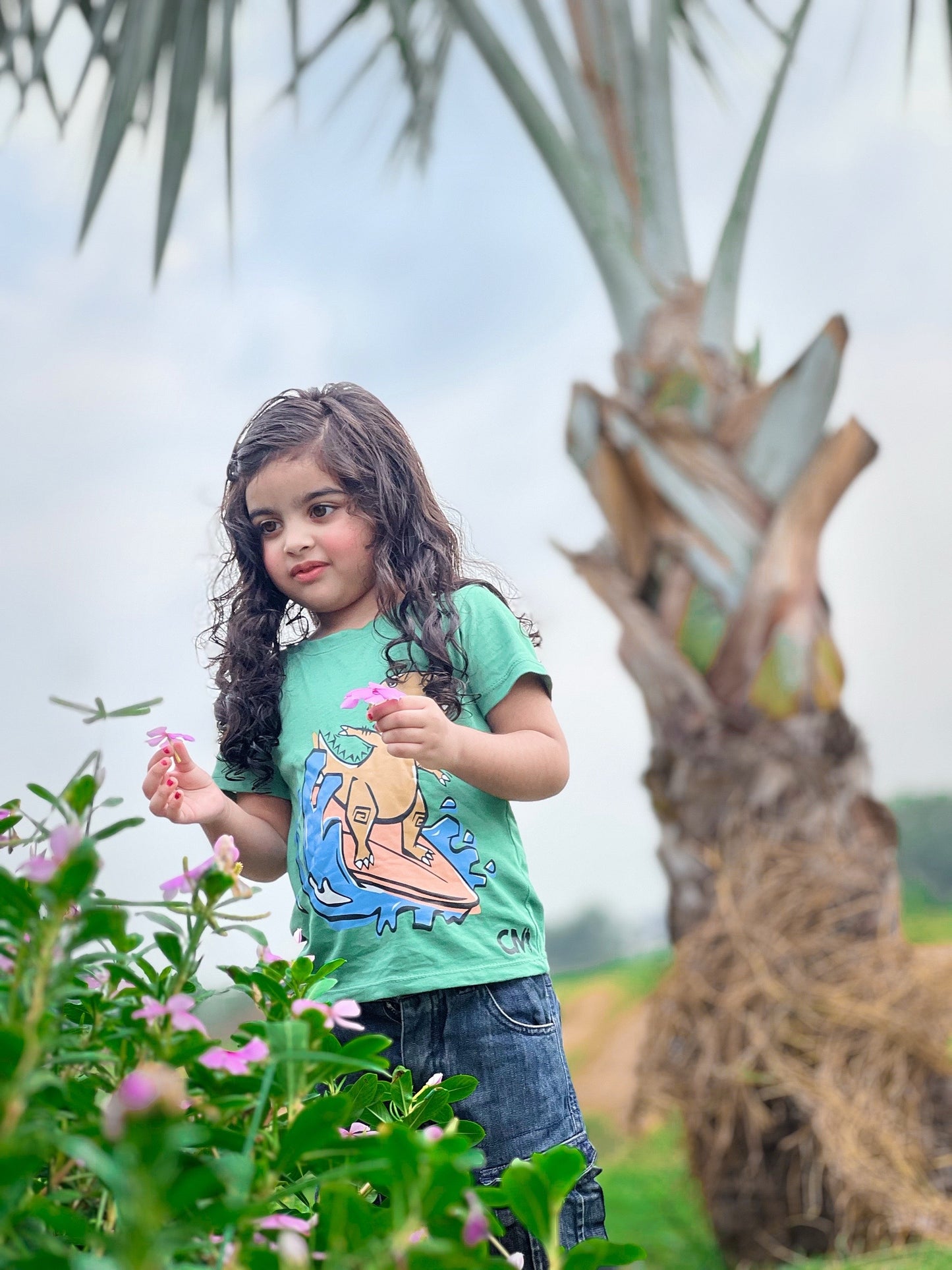 Dinosaur Water Skateboard Print Tee Light Green Colour Printed T Shirts Kids 100% Cotton Tees