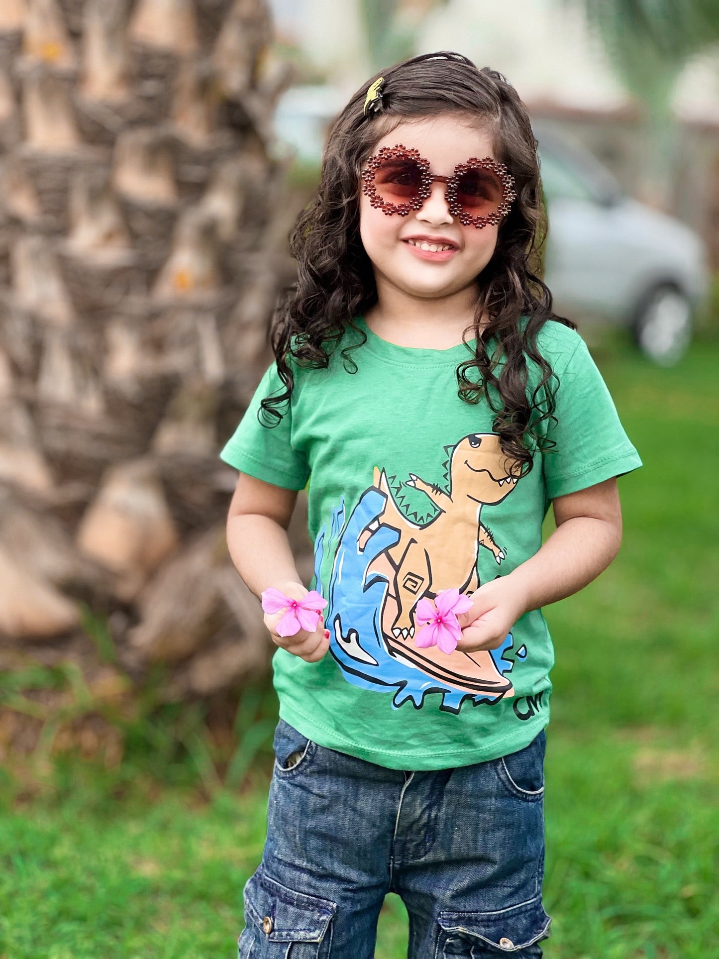 Dinosaur Water Skateboard Print Tee Light Green Colour Printed T Shirts Kids 100% Cotton Tees