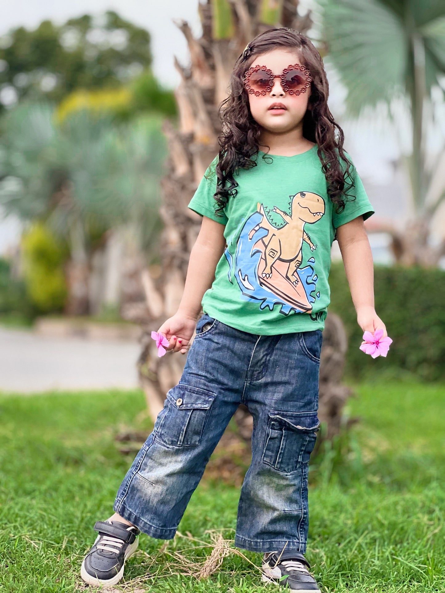 Dinosaur Water Skateboard Print Tee Light Green Colour Printed T Shirts Kids 100% Cotton Tees