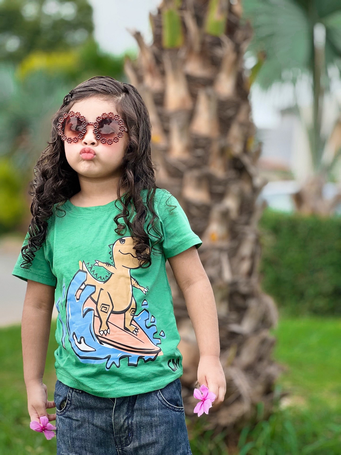 Dinosaur Water Skateboard Print Tee Light Green Colour Printed T Shirts Kids 100% Cotton Tees