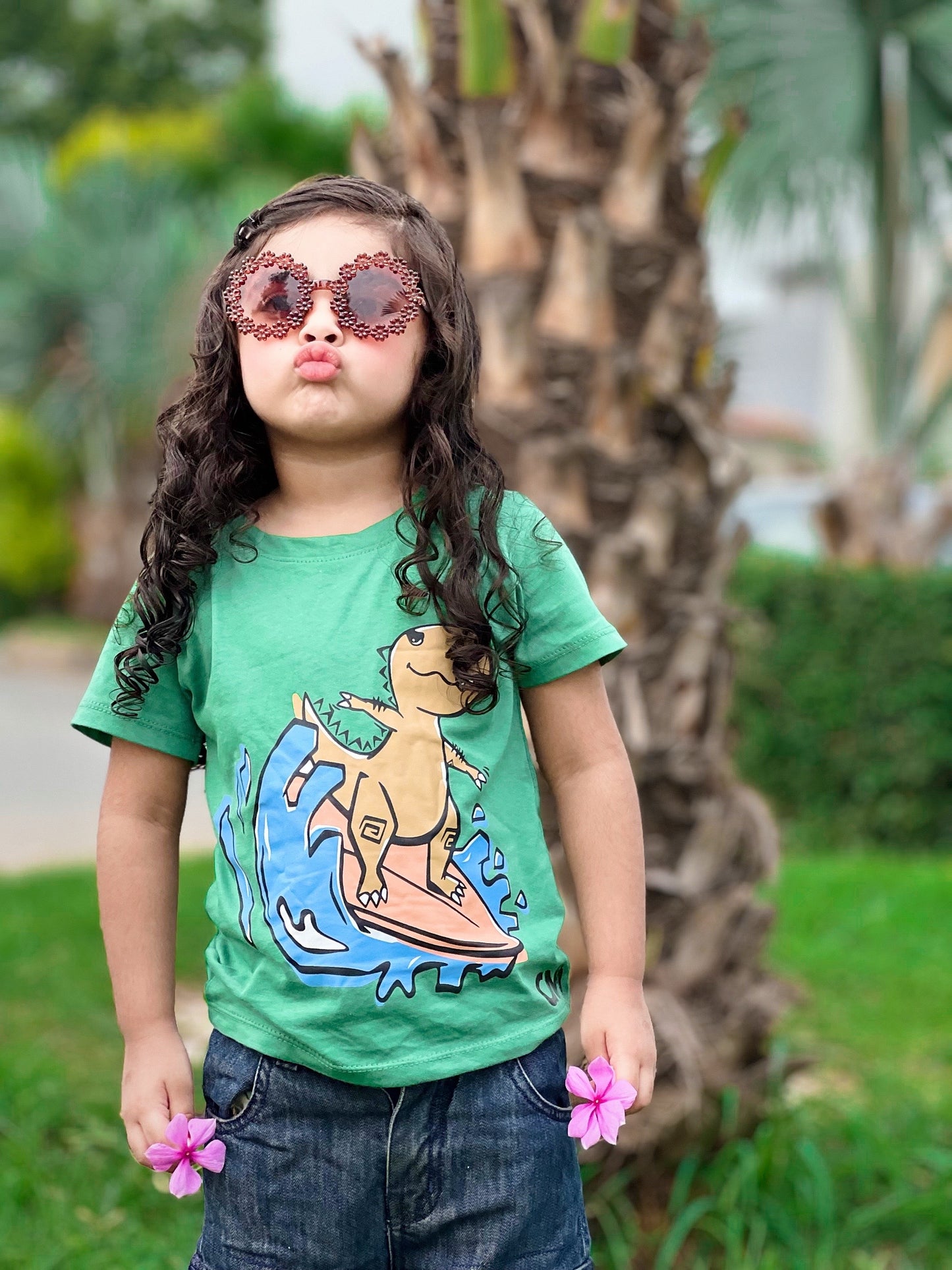 Dinosaur Water Skateboard Print Tee Light Green Colour Printed T Shirts Kids 100% Cotton Tees