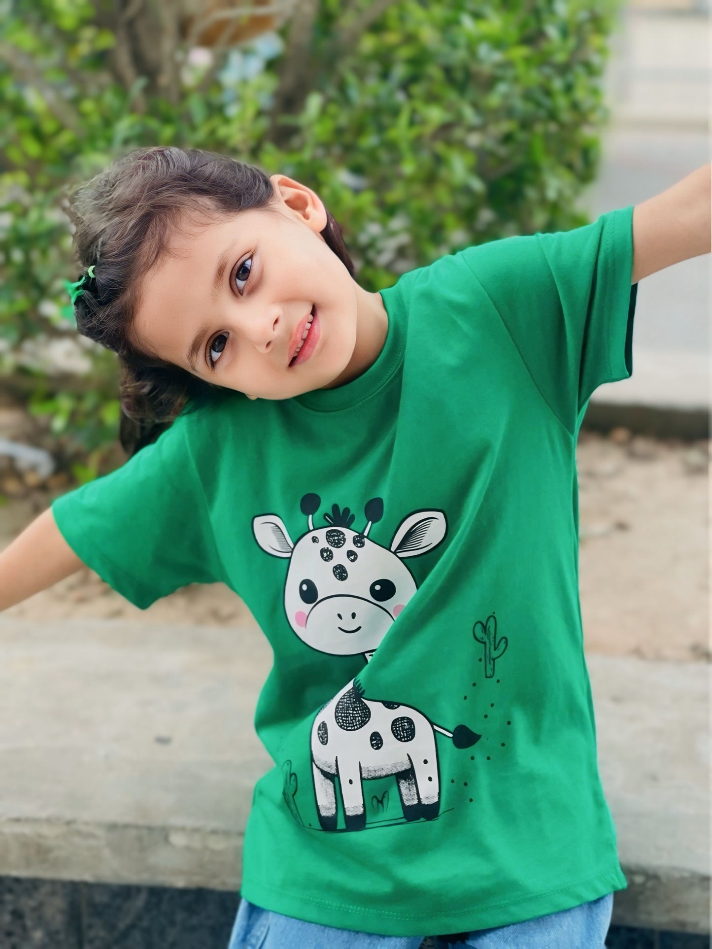Cute Giraffe Print Tee Green Colour Printed T Shirts Kids 100% Cotton Tees