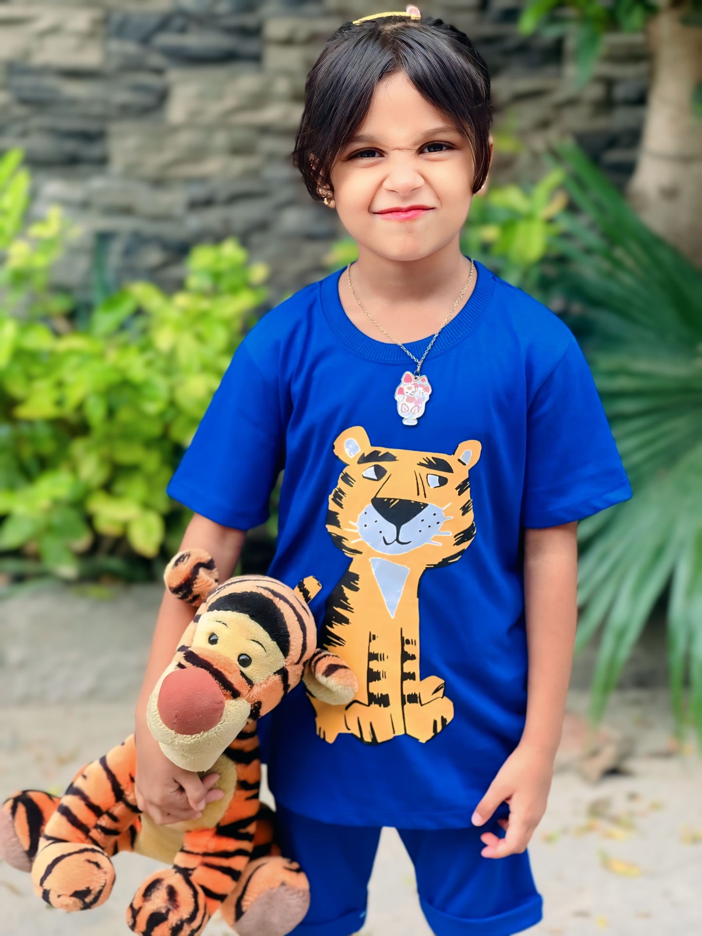 Tiger Print Unisex Tee Blue Colour Printed T Shirts Kids 100% Cotton Tees OR Shorts