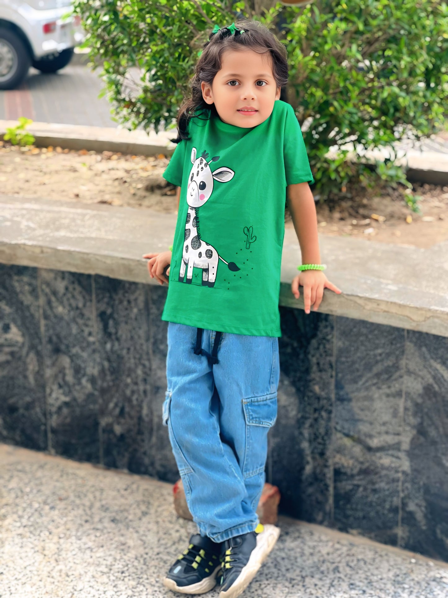 Cute Giraffe Print Tee Green Colour Printed T Shirts Kids 100% Cotton Tees