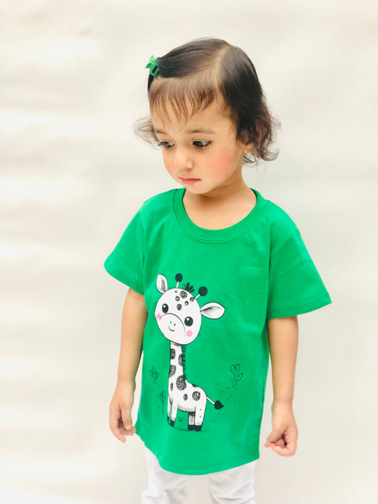 Cute Giraffe Print Tee Green Colour Printed T Shirts Kids 100% Cotton Tees