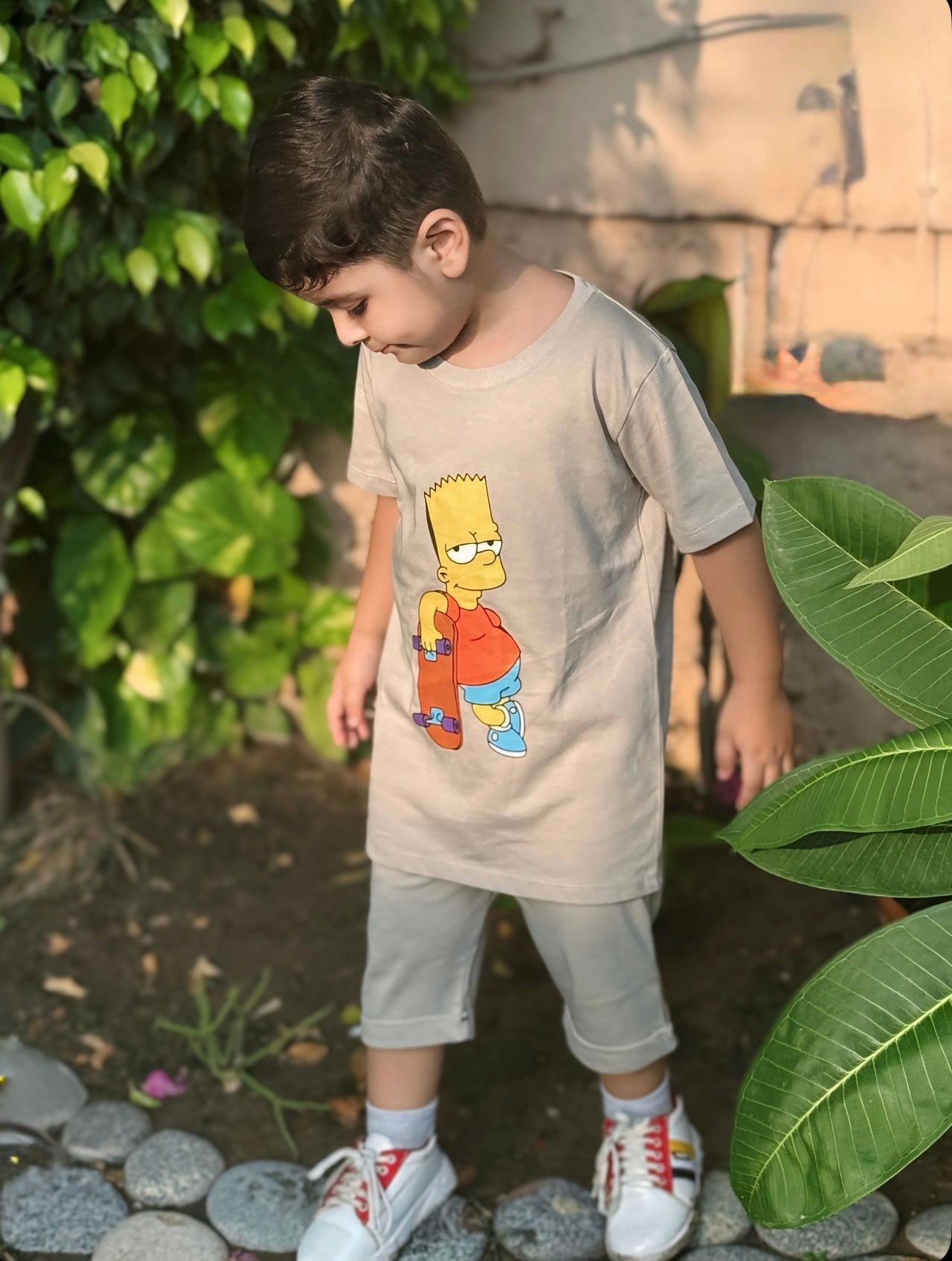 Bart Simpson with Skateboard Print Tee Cream Colour Printed T Shirts Kids 100% Cotton Tees